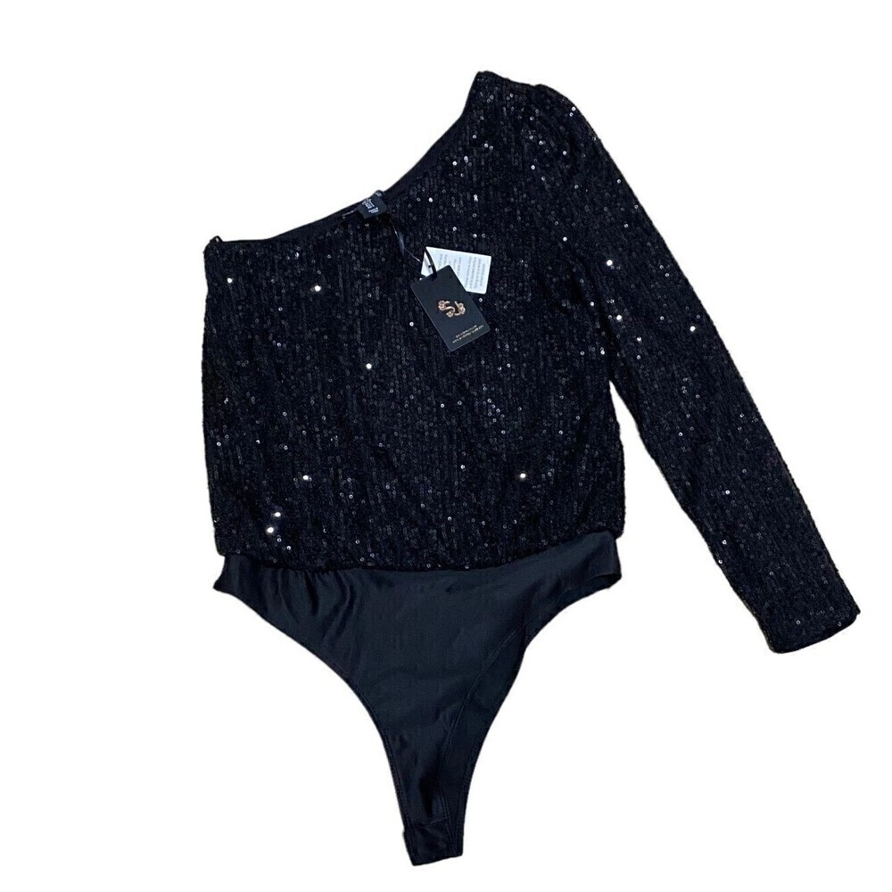 Sincerely Jules Womens Black Sparkly Sequin One Shoulder Bodysuit Sz Small New
